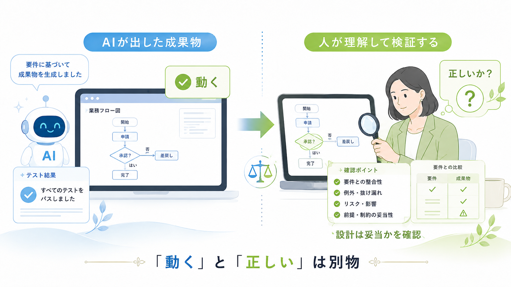 AIが出した成果物を人が検証している様子。動くことと正しいことが別であることを示す図