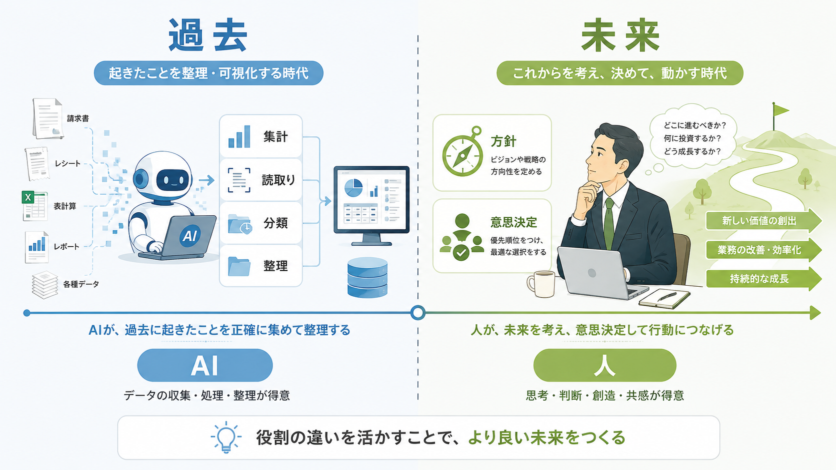 過去(AIによる集計・読取り・分類・整理)と未来(人による方針決定・意思決定)を左右に対比した図解。「AIが過去を整理し、人が未来を考え決める」という役割分担を示す