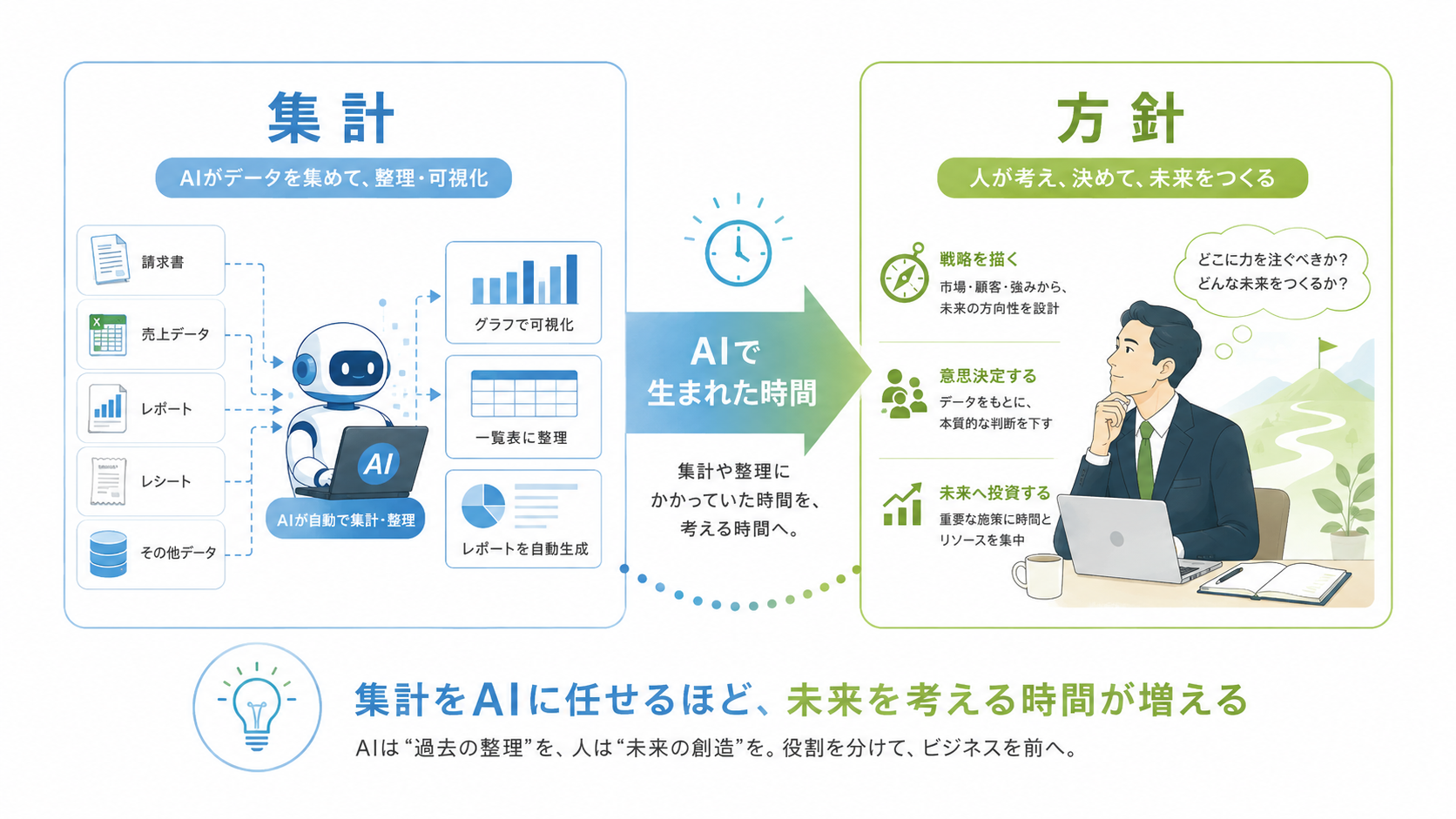 左に「集計」(AIが請求書・売上データ等を自動整理)、右に「方針」(人が戦略を描き意思決定する)を配置し、集計で生まれた時間が方針を考える時間に変わる流れを示した図解