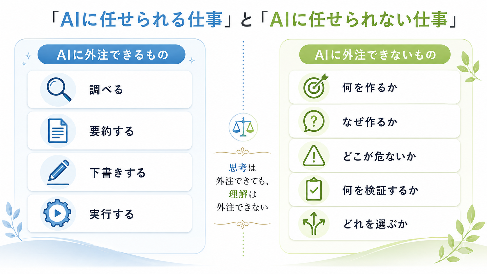 AIに外注できる作業と、人が持ち続ける必要がある判断を左右に並べて対比した図