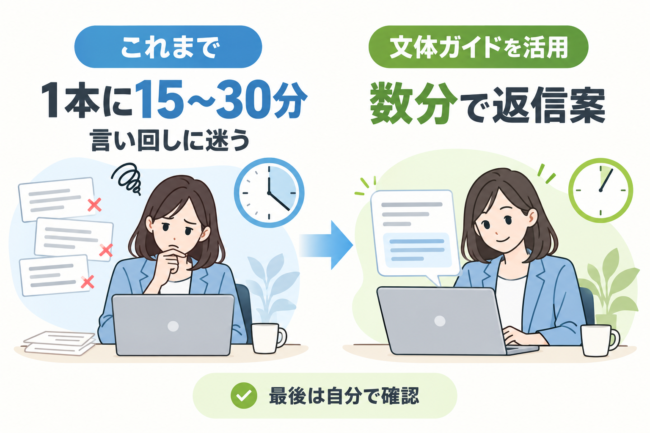メール返信にかかる時間の比較図。これまでは言い回しに迷って1本に15〜30分、文体ガイドを活用すると数分で返信案が届き、最後は自分で確認する