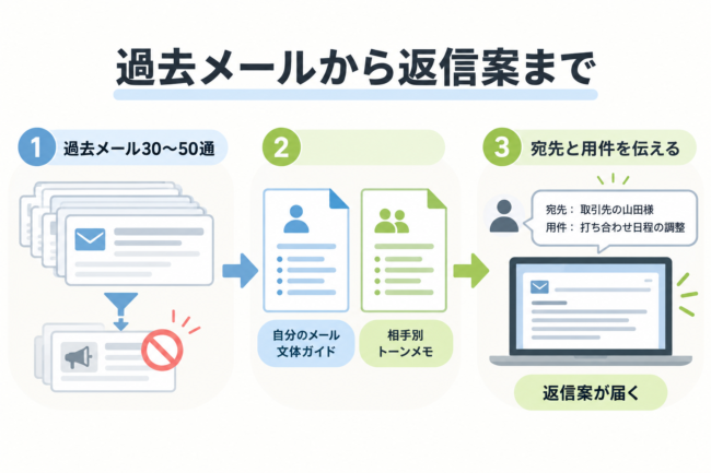 過去メール30〜50通から「自分のメール文体ガイド」と「相手別トーンメモ」を作り、宛先と用件を伝えると返信案が届くまでの3段階の流れ図