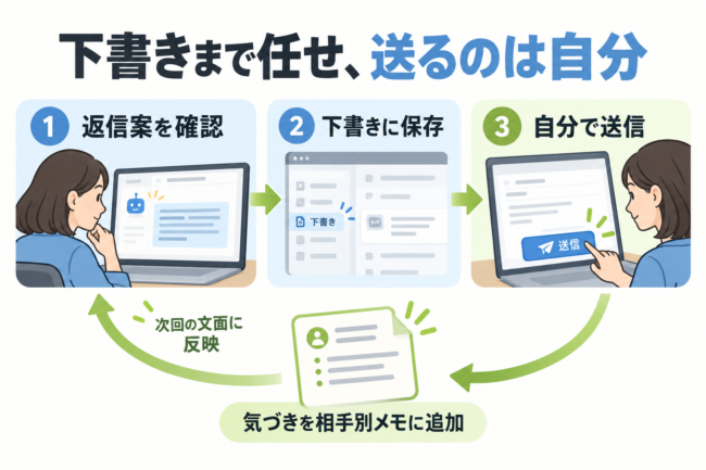 返信案を確認し、Gmailの下書きに保存し、自分で送信する3ステップと、気づきを相手別メモに追加して次回の文面に反映する循環図
