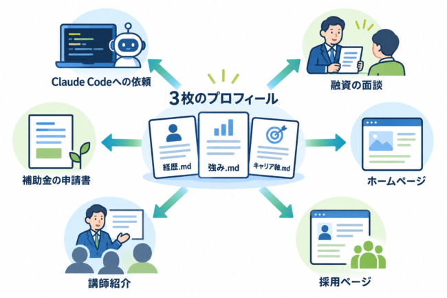 経歴.md・強み.md・キャリア軸.mdの3枚のプロフィールを中心に、Claude Codeへの依頼・融資の面談・補助金の申請書・ホームページ・講師紹介・採用ページへ矢印が伸び、同じ材料が使い回される様子を示した図