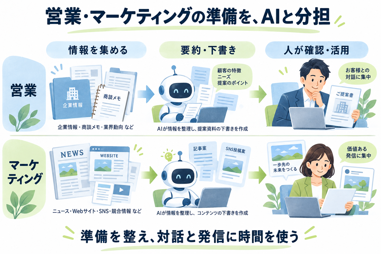 営業・マーケティング領域でAIが情報を集める様子を表したイラスト