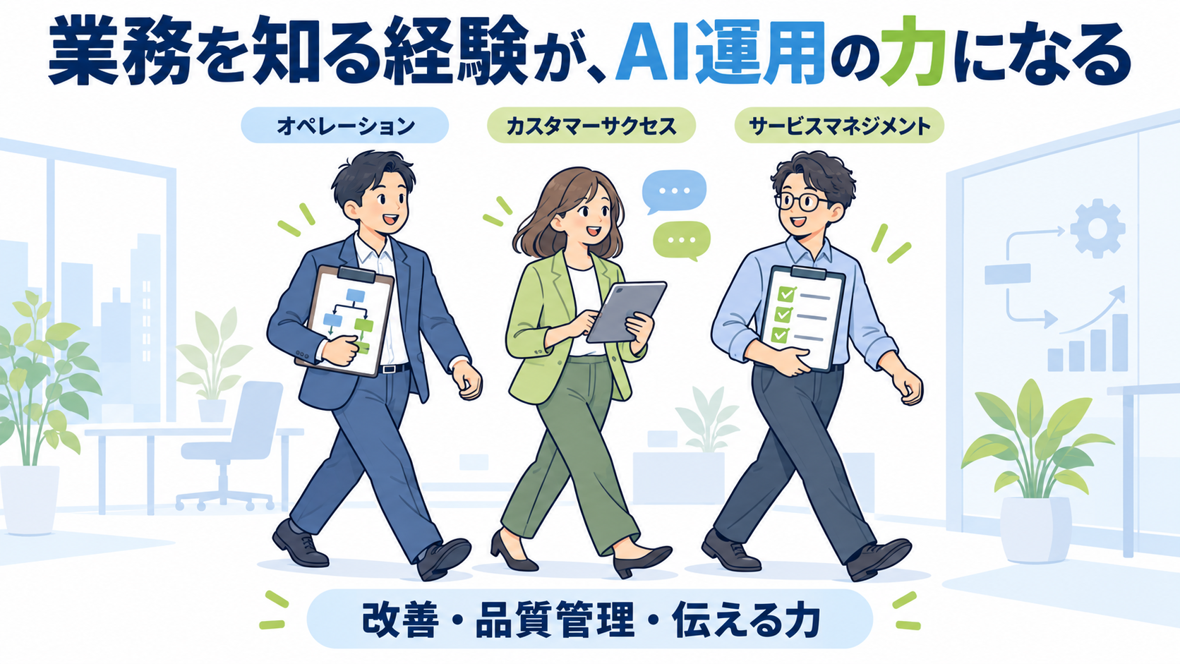 オペレーション、カスタマーサクセス、サービスマネジメントの経験者3人がそれぞれの資料を手に同じ方向へ歩くイラスト。業務を知る経験がAI運用の力になることを表す