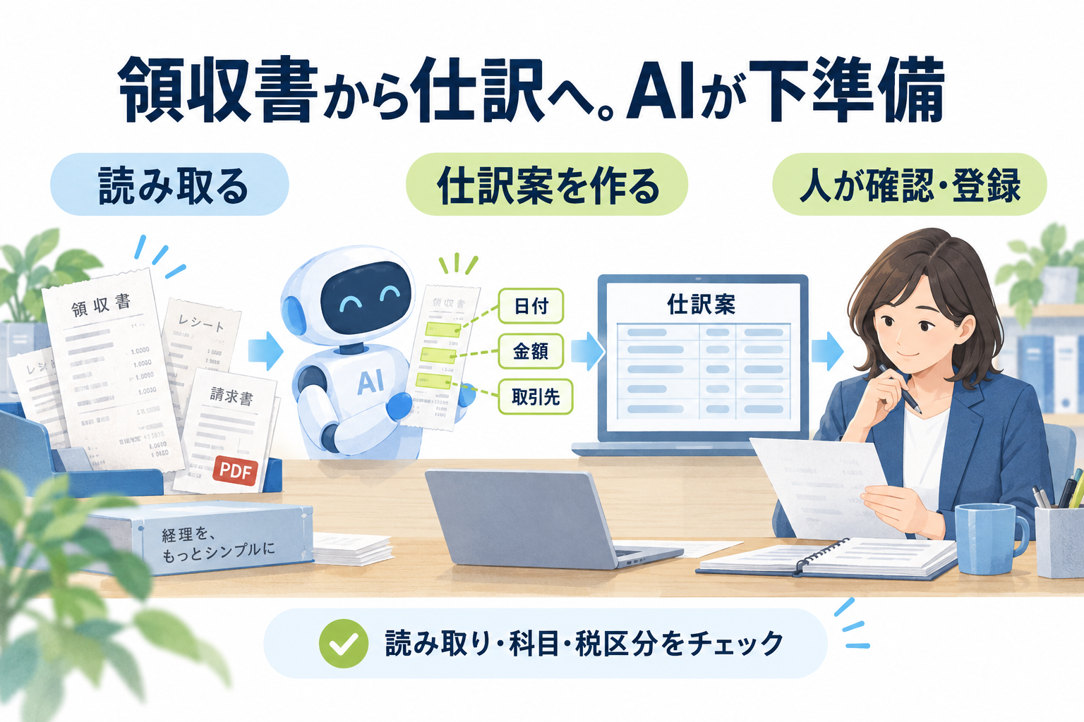 領収書から仕訳へ、AIが下準備をする流れの図解。領収書やレシートを読み取り、日付・金額・取引先を抽出して仕訳案を作り、最後に人が確認・登録する