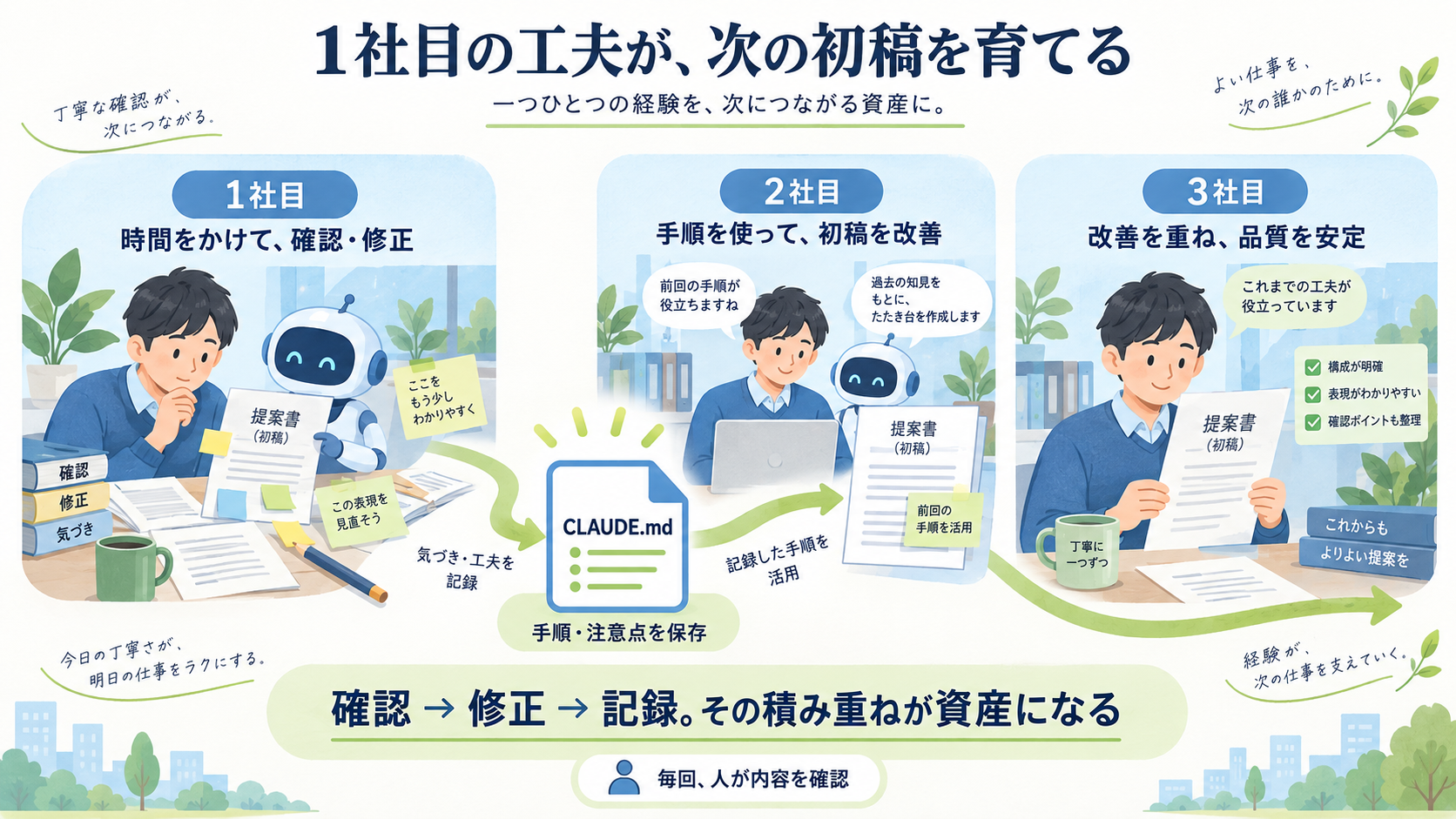 1社目で確認・修正しながら得た気づきをCLAUDE.mdに記録し、2社目・3社目でその手順を活用して初稿の品質が上がっていく流れを示した図