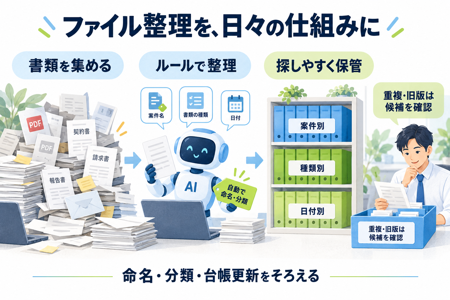 ファイル整理を日々の仕組みにする流れの図解。書類を集め、ルールで整理し、探しやすく保管し、命名・分類・台帳更新をそろえる