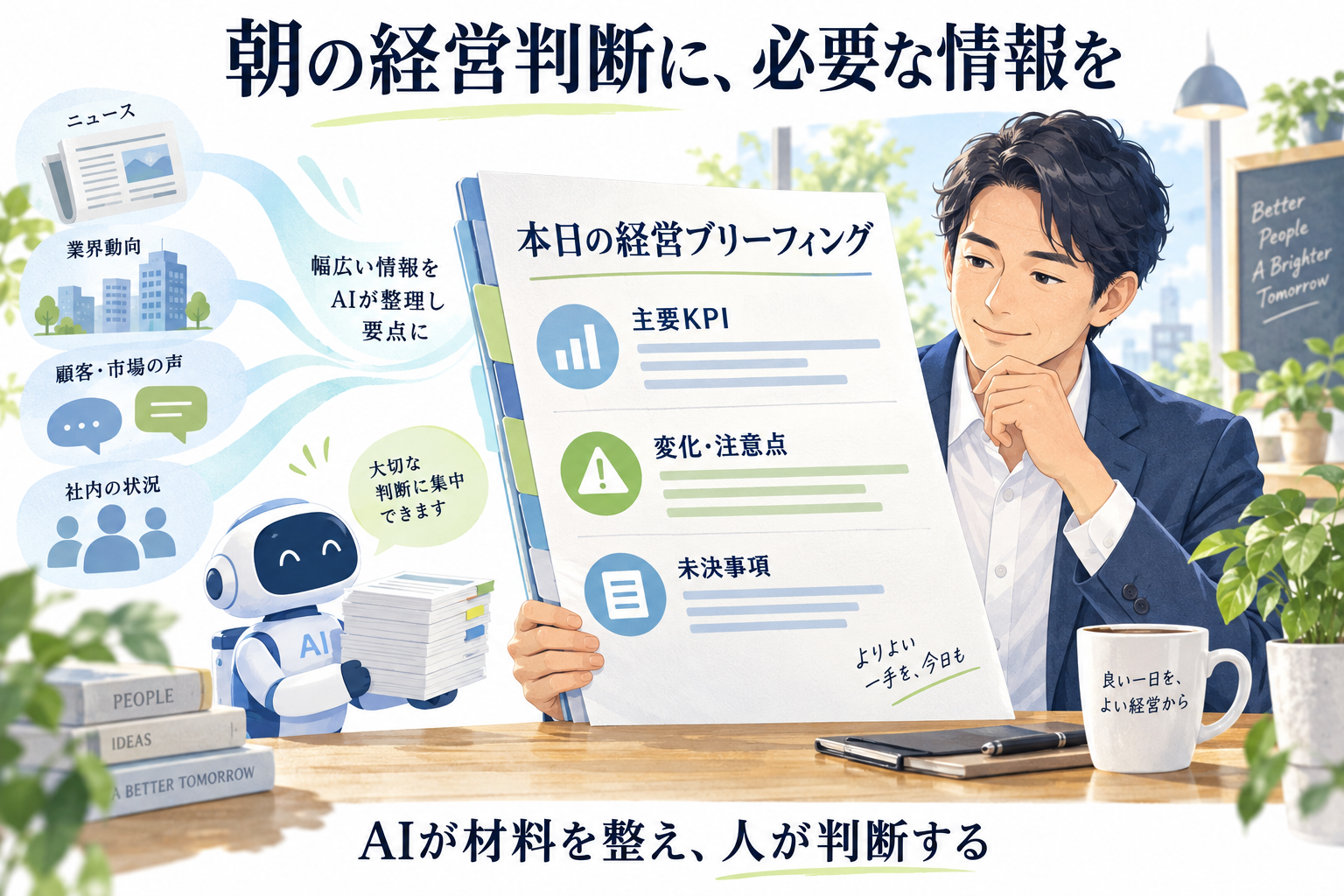 朝の経営ブリーフィングとして、ニュースや業界動向など幅広い情報をAIが整理する様子を示した図解