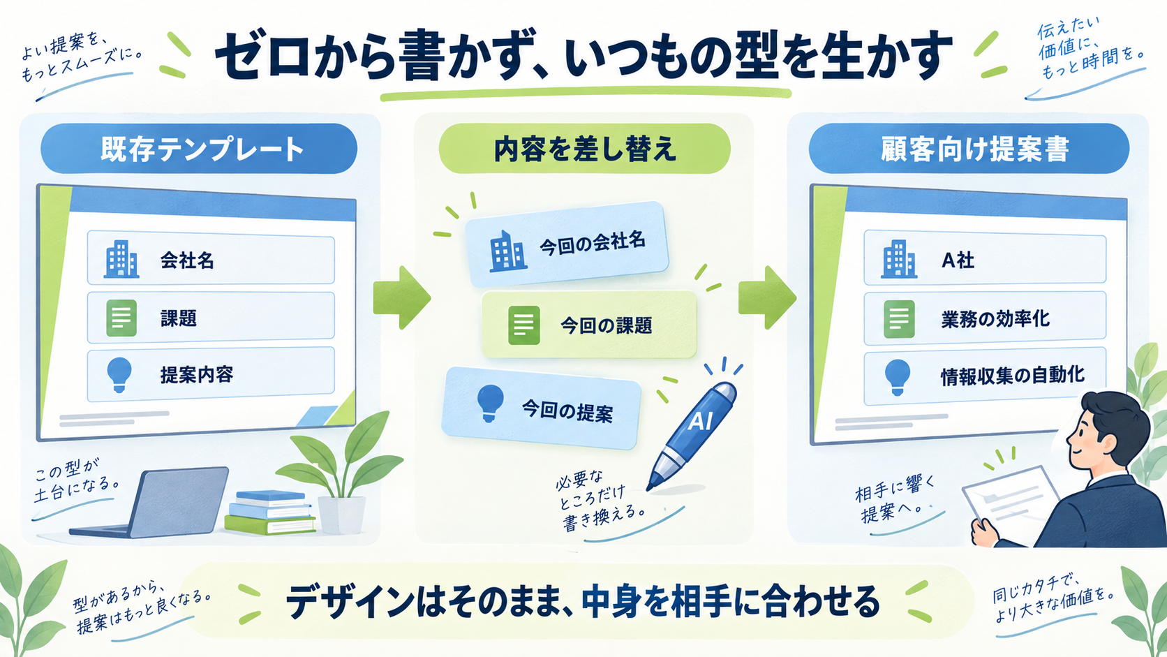 既存テンプレートの会社名・課題・提案内容だけを差し替えて顧客向け提案書に仕上げる、3段階の流れを示した図