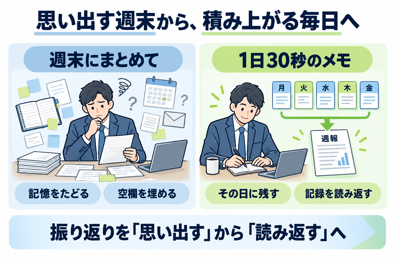 週末にまとめて記憶をたどる従来のやり方と、1日30秒のメモを毎日残して週報にまとめるやり方を左右に並べて対比した図