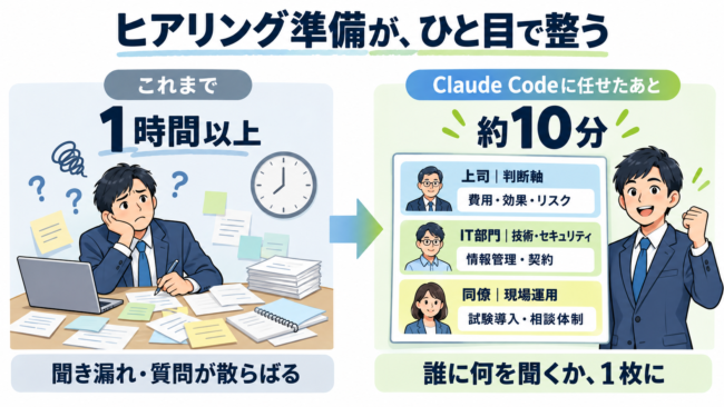 「これまで」はメモが散らばり質問づくりに1時間以上かかって聞き漏れが出る様子、「Claude Codeに任せたあと」は約10分で上司・IT部門・同僚の3層の質問が1枚にそろう様子を、左右に並べた比較図