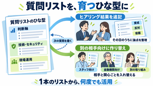 1本の質問リストをひな型に、ヒアリング結果を追記して次の質問を磨く流れと、スタッフ向け・金融機関向け・別の取り組み向けに作り替える流れの、2方向へ広げて使う様子を示した図