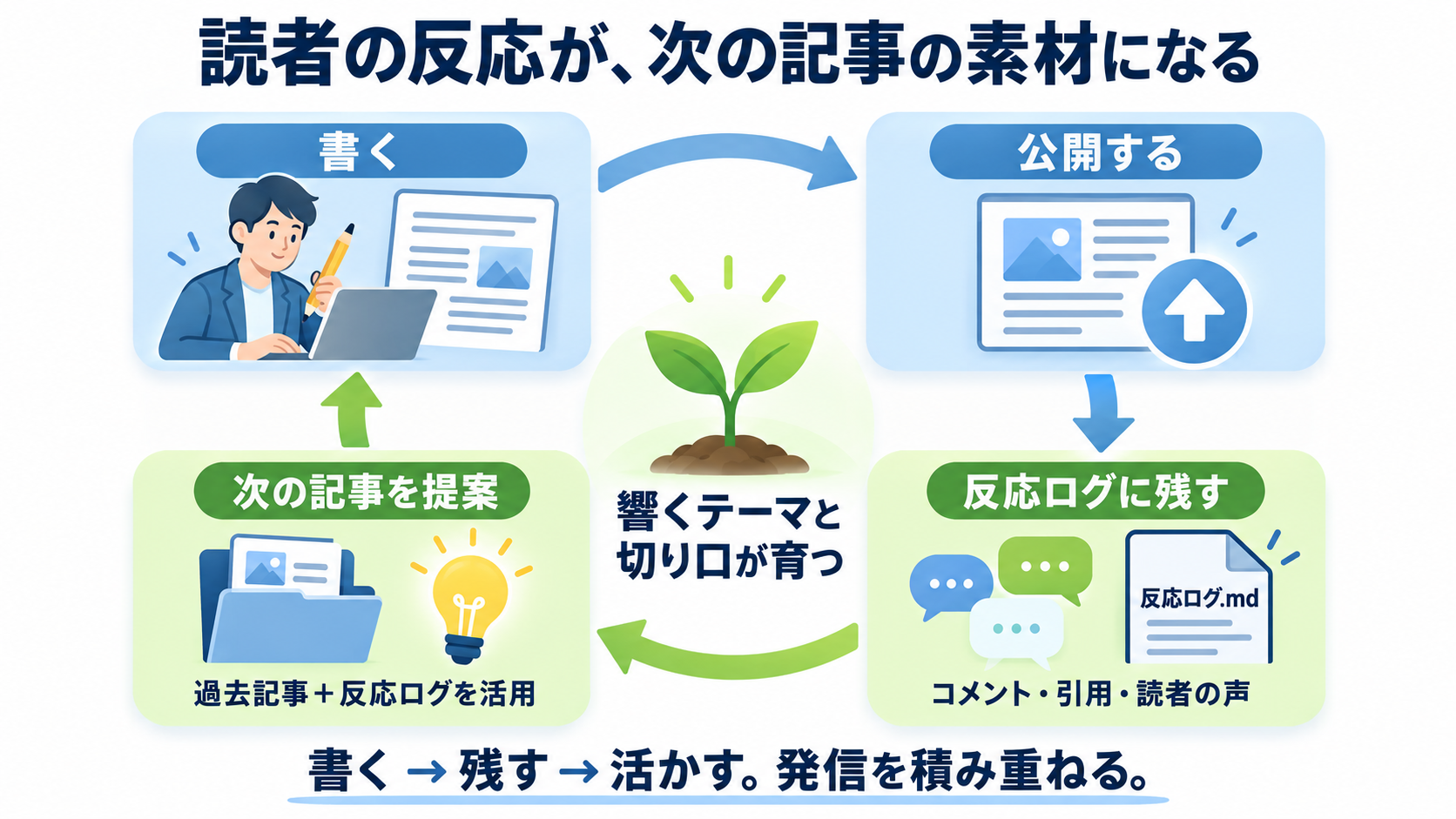 書く、公開する、反応ログに残す、次の記事を提案してもらうの4つが循環し、響くテーマと切り口が育つことを示した図