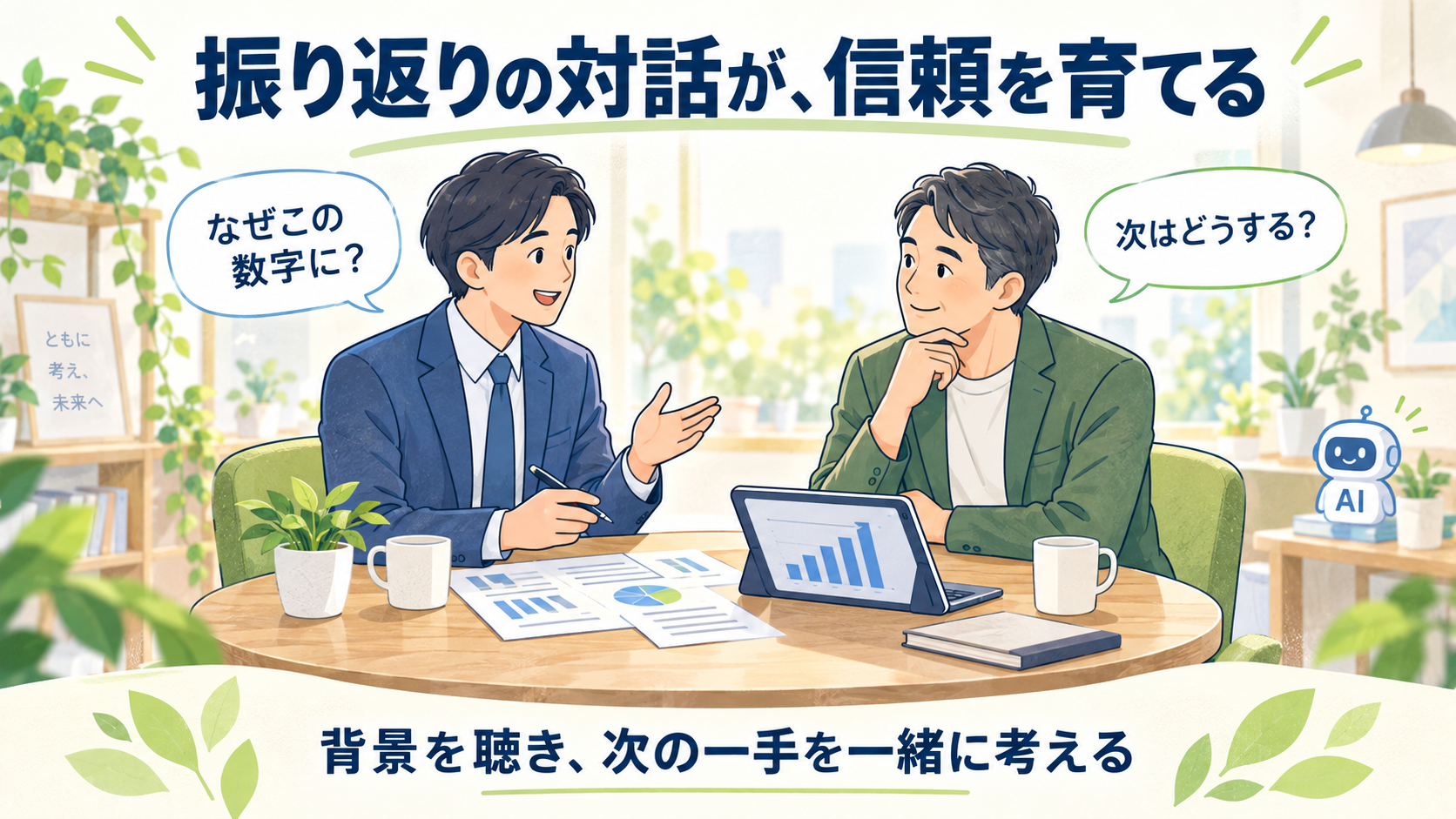 「振り返りの対話が、信頼を育てる」という見出しと、2人が「なぜこの数字に？」「次はどうする？」と対話している様子のイラスト。背景にAIアイコン