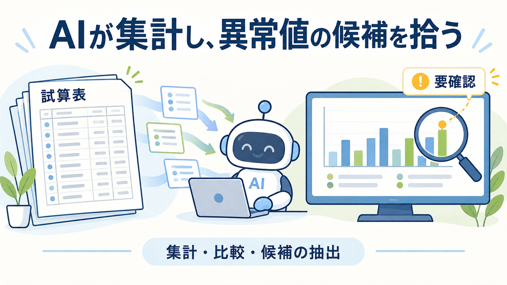 「AIが集計し、異常値を拾い出す」という見出しと、試算表の書類束を示すイラスト