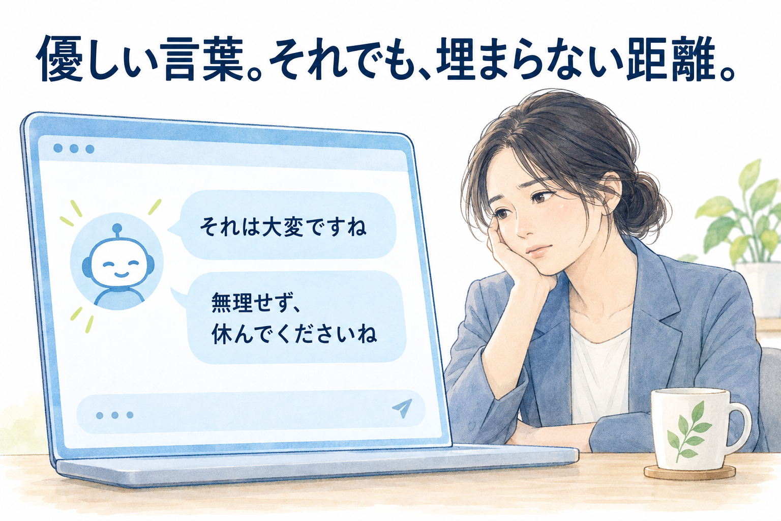チャット画面で生成AIが優しい言葉を返し、それを見つめる人が複雑な表情を浮かべている様子を対比させたイラスト