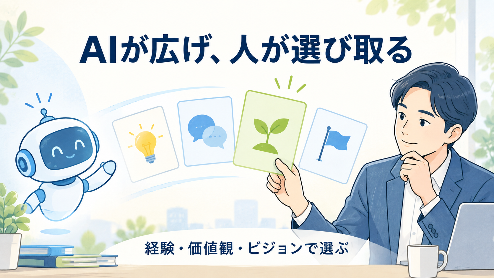 「AIが広げる」という見出しと、アイデアを示す電球アイコンのイラスト